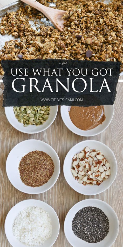 With some simple base ingredients, I’ll show you how to make what I like to call, “use what you got granola”. Homemade granola recipe using what you have at home. #granola #granolarecipe #camitidbits #homemadegranola How To Make Granola At Home, Homemade Granola Cereal, Granola Homemade, How To Make Granola, Easy Granola Recipe, Homemade Granola Recipe, Easy Homemade Granola, Instant Pot Yogurt, Granola Recipe Healthy