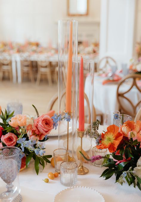 Orange Taper Candles, Colorful Candle Centerpieces, Pink And Orange Candles Wedding, Coloured Taper Candles, Colorful Taper Candles Wedding, Sweetheart Table Colorful, Colored Pillar Candles Wedding, Colored Candle Sticks Wedding, Tapered Candle Centerpiece