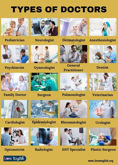 Types of Doctors: 20 Popular Names of Doctors & Medical Specialists in English - Love English Types Of Doctors, अंग्रेजी व्याकरण, Araling Panlipunan, Tatabahasa Inggeris, Medical Words, Biology Facts, Medical Facts, Medical School Essentials, General Knowledge Book