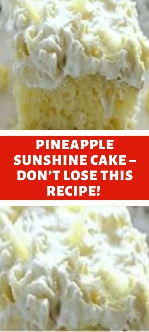 YOU’LL NEED: CAKE: »1 Box yellow cake mix. »4 Eggs. »1/2 Cup oil (I used vegetable oil). »1 (8 Ounces) can crushed pineapple with juice... Pineapple Sunshine Cake Recipe, Pineapple Sunshine Cake, Pineapple Cake Recipe, Pineapple Dessert Recipes, Sunshine Cake, Pineapple Desserts, Pineapple Recipes, Yellow Cake, Cake Mix Recipes