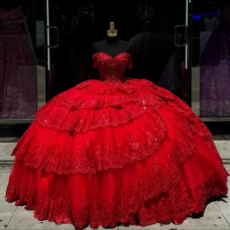 Princess Red Sparkly Ball Gown Quinceanera Dresses Mexic 3D Flower Applique Off Shoulder Sweet 15 16 Book Of Life Quinceanera Dress, Red Quinceanera Dress, Red Quinceanera Ideas, Quince Planning, Sparkly Ball Gown, Puffy Prom Dresses, Quinceanera Dresses Red, Quince Stuff, Xv Dresses