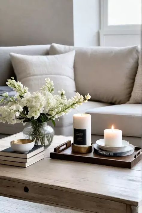 Coffee table styling with wooden tray and neutral tones Small Rectangular Coffee Table Styling, Plant For Coffee Table, Square Wood Coffee Table Decor, White Couch White Coffee Table, Decorative Tray Decor, Coastal Grandmother Coffee Table, White Coffee Table Styling, Functional Coffee Table Decor, Light Couch Dark Coffee Table