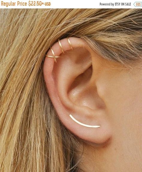 Modern Minimalist Set of 3 - Ear Climber, Smooth Ear Sweeps, Double Ear Cuff, Earring Climbers 20mm, Criss Cross Ear Cuff, Crawlers, gold ear curve, curved ear pin, bar earrings, line earrings, dainty jewelry ***Very cool and stylish set*** *You can choose one or a pair of ear climbers. Ear Sweeps, Faux Piercing, Piercing Tragus, Cute Ear Piercings, Ear Climber, Ear Pins, Climber Earrings, Ear Cuff Earings, Septum Piercing