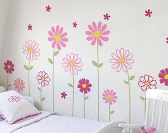 Baby girl wall decal flowers | Etsy Wall Paint Designs Flowers, Flower Wall Painting Bedrooms, Flower Mural Bedroom, Floral Wall Painting Ideas, Wallpaintings Ideas, Simple Wall Painting Ideas, Mural For Kids Room, Toddler Bedroom Wall, Wall Painting Flowers