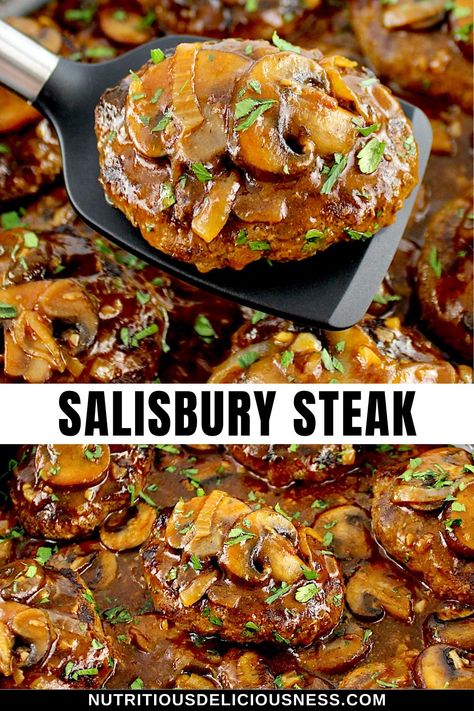 This recipe for Salisbury Steaks features perfectly seasoned beef patties, pan-seared and simmered in a rich mushroom and shallot gravy. It's an easy, healthy dish, perfect for busy weeknights. Salisbury Steak With Cream Of Mushroom, Salsbury Steaks, Salisbury Steak Recipe Easy, Shallot Gravy, Salisbury Steaks, Hamburger Steak And Gravy, Salisbury Steak Recipe, Nutritious Dinner, Mushroom Gravy Recipe