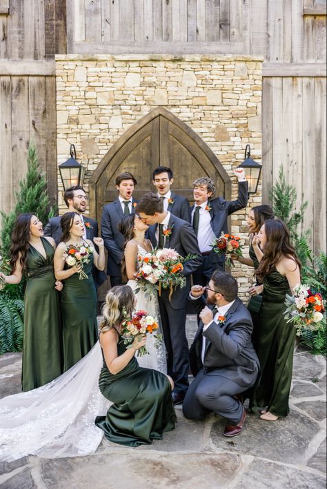 Dark Eucalyptus Bridesmaid Dress, Oliver Green Bridesmaid Dresses, Olive Green Bridesmaid Dress With Navy Suits, Dark Green Groom Suit Grey Groomsmen, Groomsmen Attire For Fall Wedding, Groomsmen Attire Forest Wedding, Green Theme Wedding Party, Rust And Green Bridal Party, Wedding Flowers With Green Dresses