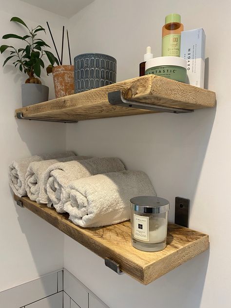 Bathroom Scaffold Shelving with Brackets Scaffold Shelving, Shelf With Brackets, Kitchen Refurbishment, Bathroom Wood Shelves, Shelves Above Toilet, Store Towels, Bathroom Shelves Over Toilet, Rustic Bathroom Shelves, Small Toilet Room