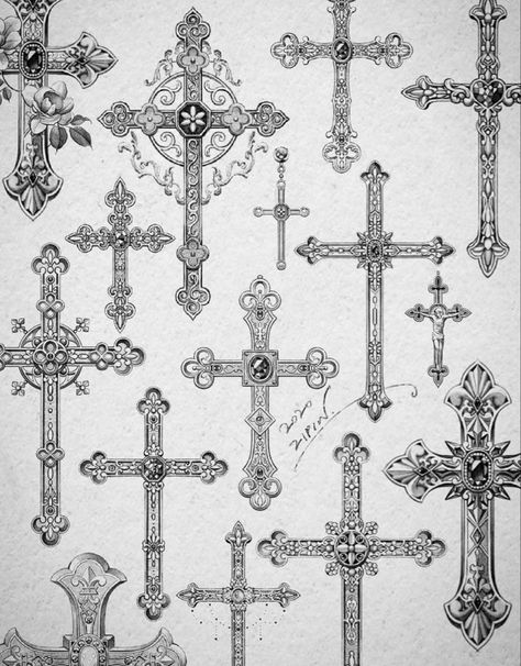 Ornate Cross Drawing, Vintage Cross Drawing, Italian Cross Tattoos, Ornamental Cross Tattoo, Ornate Cross Tattoo, Nana Inspired Tattoos, Cross Tattoo Aesthetic, Aesthetic Cross Tattoo, Gothic Cross Drawing