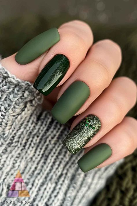 Green Nails With Glitter Accent, Matte Jade Nails, Green And Silver Nails Acrylic, Turquoise Green Nails, Green Coffin Nail Ideas, Different Shades Of Green Nails, Fall Nail Colors Green, Olive Green Nails Designs, Deep Green Nails