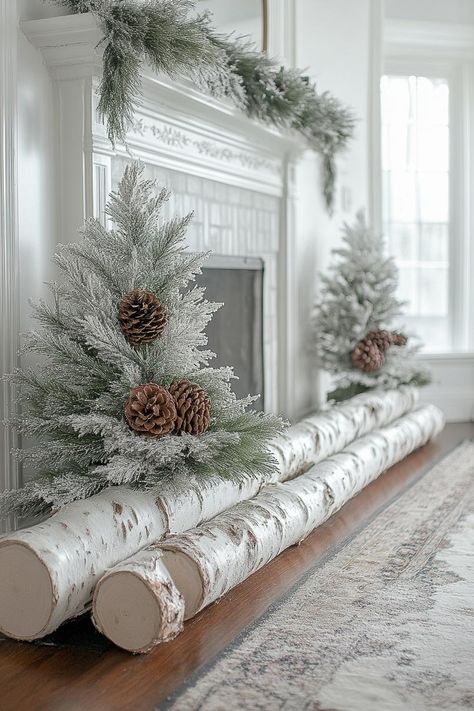 Snowy Christmas Tree Ideas Decorating, Birch Holiday Decor, Christmas Floor Vase Ideas, White Modern Christmas Decor, White Pitcher Christmas Decor, Christmas White Decor Ideas, Frosty Christmas Decor, Diy Large Christmas Wreath, Winter Forest Christmas Decor