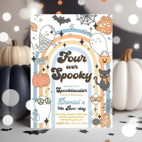 Editable Four Ever Spooky Halloween Ghost 4th Birthday Invitation Retro Groovy Rainbow Ghost Birthday Hippie Halloween Instant Download G3 - Etsy Rainbow Ghost, Ghost Birthday, Groovy Rainbow, Cocktails Party, Hippie Halloween, Love Website, Spooky House, 2nd Birthday Invitations, Halloween Party Invitations