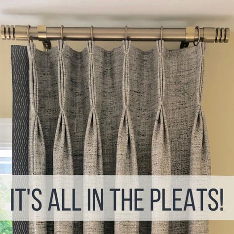 Types Of Drapery Pleats, Curtain Pleats Styles How To Make, Pinch Pleated Drapes Living Rooms, How To Hang Pinch Pleat Curtains, Curtain Pleats Styles, Curtain Pleats, Black Curtains Living Room, Inverted Pleat Drapery, French Pleat Drapery