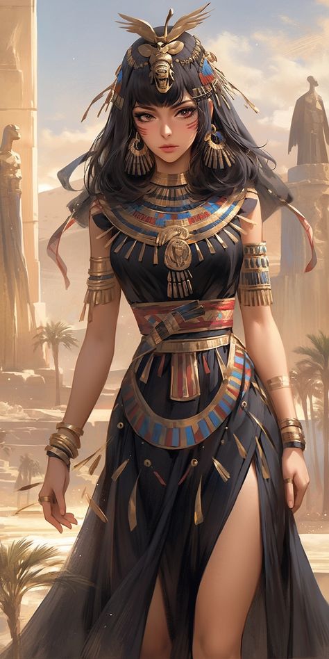 Created with Midjourney Ai #Artwork #Character #Fantasy #Anime #cartoon Egyptian Queen Outfit, Character Design Egyptian, Oracle Character Design, Egypt Character Design, Egyptian Clothing Women, Black Pharaoh, Egyptian Character Design, Sorceress Art, Desert People