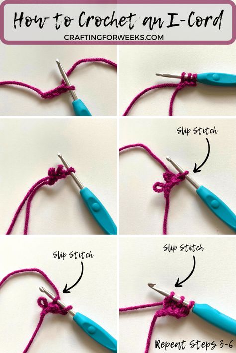 Learn How to Crochet an I-cord with this step-by-step stitch tutorial and video. #crochetstitches #crochettutorial #crochetstitchtutorial Crochet I Cord Tutorial Free Pattern, Crochet Step By Step, Crochet I Cord, Cord Crochet, Different Crochet Stitches, Crochet Stitch Tutorial, Crochet Classes, Crochet Flowers Free Pattern, Crochet Knit Stitches