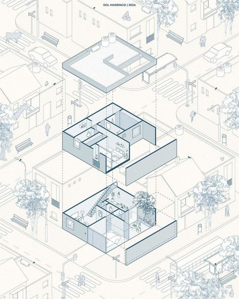 Isometric Exploded⁠ ⁠ ✍️: @sol_ms • Tag #illustrarch in your posts and stories for a chance to be featured.⁠ ⁠ 🏷️ #architecturehunter #archidesign #architecture_studentlife #architecturestyle Exploded Isometric Drawing, Axo Drawing Architecture, Monochrome Plan Rendering Architecture, Exploded Axon Diagram, 3d Axonometric Architecture, Hybrid Architecture Drawings, Structural Axonometric Architecture, Isometric Section Architecture, Concept Diagrams In Architecture