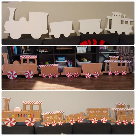 My gingerbread train Christmas Train Outdoor Decoration, Gingerbread Train Diy, Gingerbread Train Ideas, Christmas Parade Floats, Gingerbread Train, Ward Christmas Party, Train Decor, Gingerbread Diy, Gingerbread Village