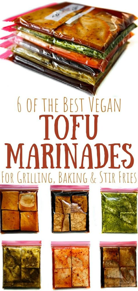 A pin for 6 of the best vegan tofu marinades. The top photo shows a stack of 6 gallon ziplock bags, each filled with tofu and a different marinade. The bottom photo shows the bags of tofu and marinade spead out side by side. Tofu Marinade Recipes, Tofu Teriyaki, Tofu Seasoning, Tofu Recipes Healthy, Tofu Steak, Tofu Chicken, Tofu Marinade, Deep Fried Tofu, Teriyaki Tofu