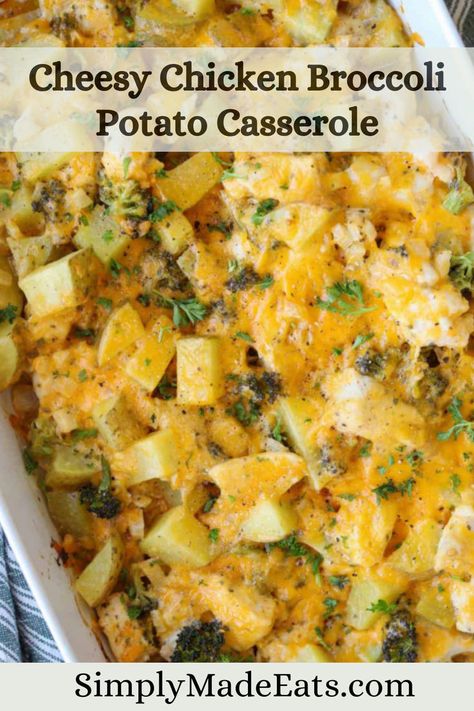 Cheesy chicken broccoli potato casserole in dish. Broccoli Chicken Potato, Chicken Broccoli Potato Casserole, Broccoli Potato Casserole, Shrimp And Sausage Pasta, Chicken Recipes Dry, Chicken Potato Casserole, Broccoli Potato, Great Dinner Recipes, Broccoli And Potatoes