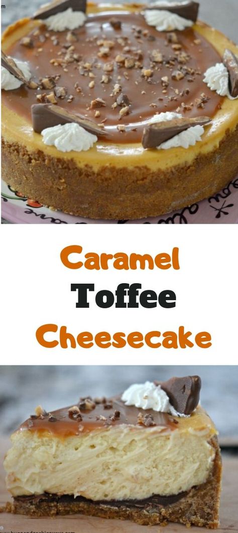 Toffee Cheesecake Recipes, Caramel Topping Recipe, Strawberry Cheesecake Poke Cake, Caramel Toffee Crunch Cheesecake, Cheesecake Poke Cake, Toffee Dessert, Toffee Cheesecake, Coffee Cheesecake, Caramel Toffee