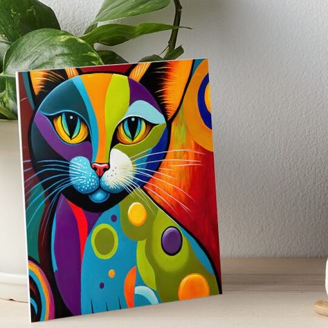 Professionally printed on firm, textured mat boards perfect for desks and shelves. Supplied with 3M velcro dots to easily affix to walls. Available in standard sizes. cat, kitten, cat lover, abstract cat, colorful drawing Cat Canvas Painting Ideas, Easy Cat Art, Quirky Paintings, Cute Cats Drawing, Kitten Craft, Abstract Cat Painting, Abstract Cat Art, Modern Cat Art, Cats Painting