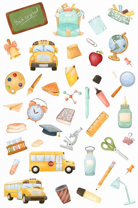 Clip Art School, Study Supplies, Bus School, Education Clipart, Back To School Clipart, Stationery School Supplies, Postcard Mockup, Fairytale Nursery, Stationery School