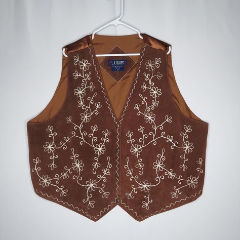 La Blues Vtg Suede Vest Women 4x Brown Embroidered Vneck Button Tie Back 90s Y2k 56" Bust Great Unworn Condition Size 4x Cute Vests, 70s Vest, Plaid Sweater Vest, 70s Clothes, Vintage Denim Vest, Suede Fringe Vest, Sequin Vest, Velvet Vest, Brown Vest