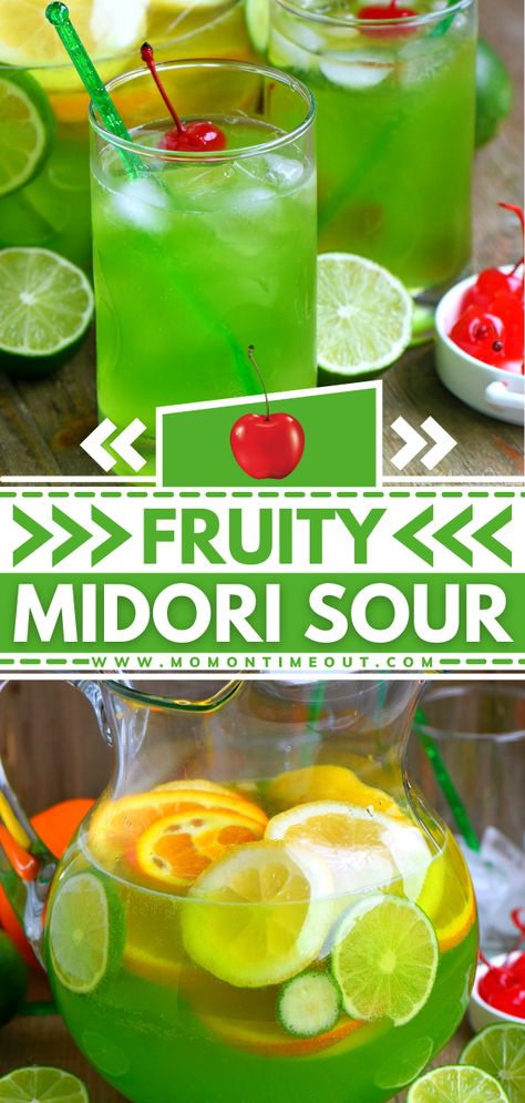 Midori Sour Recipe Punch Recipes Alcholic Green, Green Punch Alcohol, Green Boozy Punch, St Patricks Day Punch Alcohol, Green Drink Recipes Alcohol, Green Alcoholic Punch For A Party, St Patrick’s Day Cocktail Pitcher, Easy Green Alcoholic Drinks, Green Mixed Drinks Alcohol