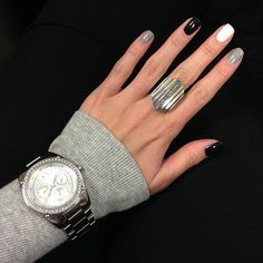 nails Tri Color Nails, Tricolor Nails, Colorful Nails, Glitter Nail Polish, Glitter Nail, Chic Design, Tri Color, Michael Kors Watch, Silver Watch