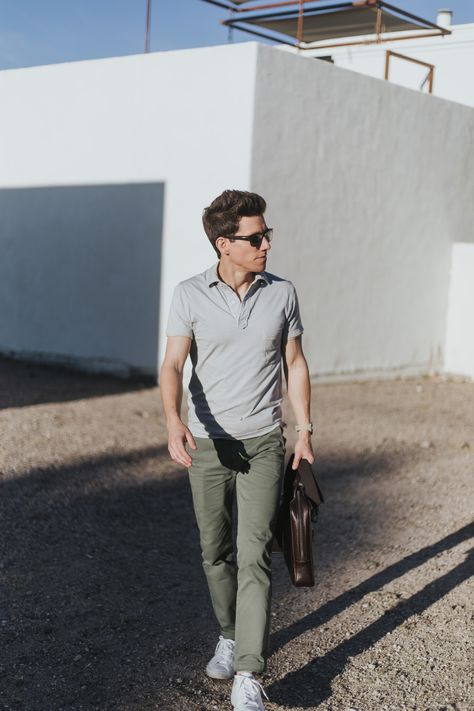 Neutrals: The Best Clothing Colors For Men    Grey polo with olive chinos Chino Polo Outfit Men, Grey Polo Shirt Outfit Men Casual, Gray Polo Outfit Men, Olive Green Chinos Outfit Men, Gray Chinos Men Outfits, Olive Chinos Men Outfits, Mens Green Chinos, Olive Outfit Men, Green Chinos Outfit Men