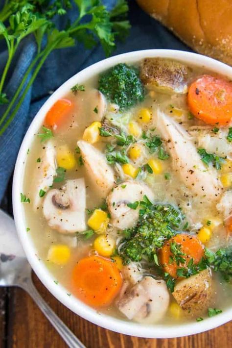 Warm up this winter with a big bowl of Chicken Vegetable Soup! Loaded with chicken, broccoli, potatoes, carrots, mushrooms, and corn, this soup is hearty, satisfying, and so delicious. Chicken Broccoli Soup, Broccoli Soup Recipe, Ham Soup Recipes, Lemon Tree Dwelling, Chicken Vegetable Soup, Broccoli Soup Recipes, Vegetable Soup With Chicken, Chicken Vegetable, Broccoli Soup