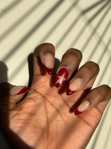 Red Acrylic Nails With Stars, Red Rockstar Nails, Dark Red French Tips Almond, Red Star French Tip Nails, Red French Tips With Stars, Cherry Red Nails French Tip, Nail Inspo Red And Black, Dark Red Star Nails, Red Nails With Star