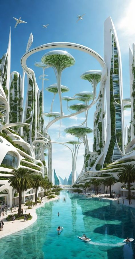 Futuristic Plant City, Future Nature City, Futuristic Eco City, Future Art Illustration, Biopunk City, Futuristic Design Architecture, Nature Futuristic, Solarpunk City, Futuristic Nature