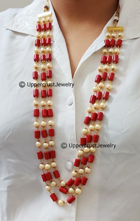 Handcrafted Coral and Pearl, 3 lines ganthan mala Corals And Pearls Jewellery, Coral Necklace Designs, Ruby Chains, Thali Chains, Antique Necklace Gold, Coral Jewelry Set, Jewelry Board, Antique Bridal Jewelry, Indian Jewellery Design