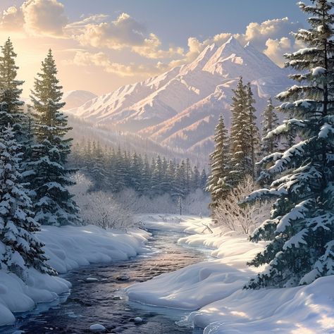 Snowy Mountain Painting, Murmuration Art, Rustic Interior Style, Mountain Winter, Flowing River, Snow Landscape, Mountain Stream, Winter Love, Frozen In Time