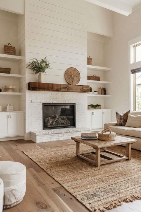 15 Stylish Shiplap Fireplace Ideas to Transform Your Living Space – Everyday Inspo Farmhouse Wood Fireplace Ideas, Fireplace On Carpet Living Rooms, Shiplap Fireplace With Brick Hearth, Living Room French Country Modern, Modern Farmhouse Remodel Ideas, 2 Fireplaces In One Room, Built In Near Fireplace, Shiplap On Fireplace Wall, White Farmhouse Fireplace