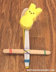 Peeps catapult activity Peep Catapult For Kids, Easter Activities For 3rd Grade, Easter Stem Activities Elementary, Third Grade Easter Activities, Spring Class Party Ideas, Easter Classroom Ideas, Peeps Experiment, Easter Steam, Easter Stem Activities