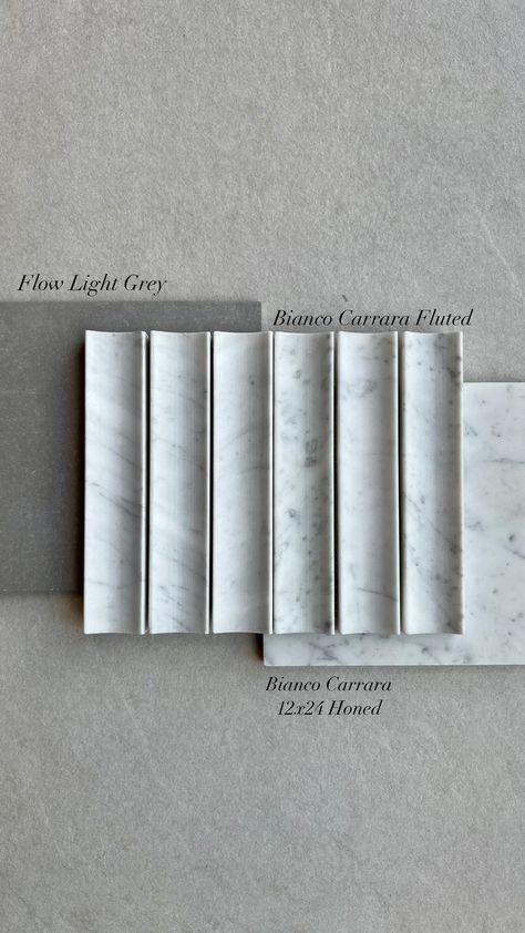 Tiles: Flow Light Grey, Bianco Carrara Fluted, Bianco Carrara 12x24 Honed  Flatlay | Home Remodel | Commercial Design | Tile Inspiration | Bathroom | Kitchen | Living Room | Restaurants | Interior Design Marble Fluting, Fluted Tile, Fluted Bathroom, Restaurants Interior Design, Fluted Marble, Restaurants Interior, Central Italy, Karpathos, Inspiration Bathroom