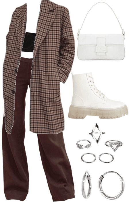 Checkered Jacket Outfit, Checkered Clothes, Checkered Outfit, Outing Outfit, Brown Trousers, Checkered Jacket, Hoop Earrings Silver, Small Hoop Earrings, Jacket Outfit