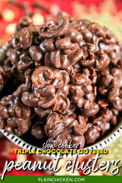 Slow Cooker Triple Chocolate Covered Peanut Clusters recipe - SO easy to make in the crockpot! Chocolate chips, German chocolate, chocolate almond bark, peanuts, and cashews. Ready in 2 hours. Can use any combination of chocolate and nuts that you prefer. Perfect for parties and homemade gifts. Can make and freeze for up to 1 month. Everybody raves about these! #slowcooker #crockpot #chocolate #nuts #candy Chocolate Covered Peanut Clusters, Peanut Clusters Recipe, Peanut Clusters In Crockpot, Microwave Peanut Brittle, Clusters Recipe, Chocolate Peanut Clusters, Chocolate Covered Nuts, Chocolate Clusters, Crockpot Candy