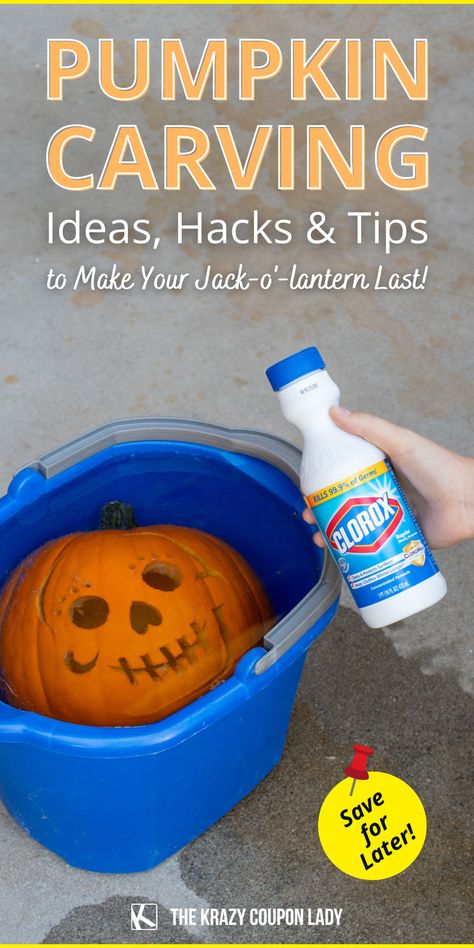 Wondering how to make your carved pumpkin last the whole month of October without getting moldy or wrinkled? There’s nothing worse than spending your time and money carving the perfect pumpkin- only to watch it rot a week later! Follow these simple steps to make your DIY pumpkin or jack-o’-lantern last long after Halloween is over. These pumpkin carving tips and jack-o'-lantern hacks from the Krazy Coupon Lady have you covered! How To Pumpkin Carving, Unique Jack O Lantern Ideas Easy, Throw Up Pumpkin Carving, Pumpkin Hacks Carving, Fun Jack O Lantern Ideas, Taylor Swift Jack O Lantern, Pumpkin Carving How To, Pumpkin Scraping Ideas, Warty Pumpkin Carving