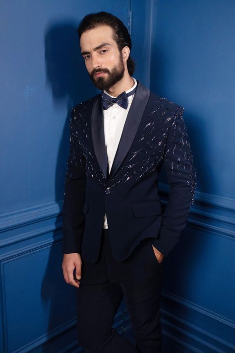 Buy Contrast By Parth Black Japanese Suiting Embroidered Tuxedo And Pant Set Online | Aza Fashions Embroidered Tuxedo Men, Engagement Suits, Embroidered Tuxedo, Pintuck Shirt, Black Tuxedo Suit, Cutdana Work, Mens Wedding Suits, Black Japanese, Embroidery Suit