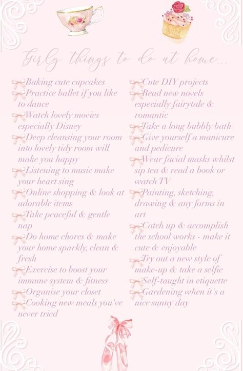 Pink Pilates Princess Affirmations, Feminine Hobbies List, Princess Things To Do, Coquette To Do List, How To Be A Girly Girl, Princess Hobbies, Girly Things To Do, Girly Habits, Princess Lifestyle