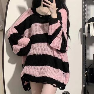 Grunge Egirl, Striped Sweaters, Egirl Style, Striped Knitwear, Pull Rose, Striped Knitted Sweater, Y2k Pink, Look Retro, Sweaters Women