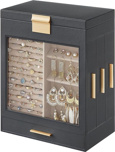 SONGMICS Jewelry Box with Glass Window, 5-Layer Jewelry Organizer with 3 Side Drawers, Jewelry Storage, with Vertical Storage Space, Big Mirror, Modern Style, Gray and Gold Color UJBC162G01 : Amazon.ca: Clothing, Shoes & Accessories Home Goods Furniture, Side Drawers, Amazon Jewelry, Big Mirror, Tray Design, Sparkle Jewelry, Vertical Storage, Jewelry Armoire, Layered Jewelry