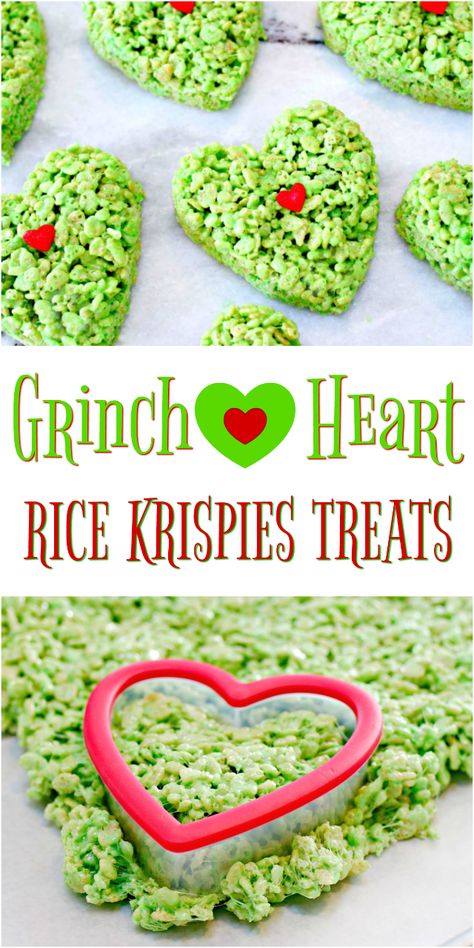 Homemade Rice Krispie Treats are a favorite in our home, but during Christmas we like to kick them up a notch and make these super cute Grinch Heart Rice Krispies Treats...easiest recipe ever and they are oh so delicious! via @Mom4Real Rice Krispies Treats Christmas, Grinch Treats, Krispie Treats Christmas, Rice Krispie Treats Christmas, Cute Grinch, Homemade Rice Krispies Treats, Grinch Heart, Treats Christmas, Grinch Christmas Party