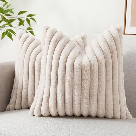 Amazon.com: decorUhome Faux Fur Throw Pillow Covers 20x20 Set of 2, Decorative Soft Plush Striped Couch Pillow Covers with Velvet Back for Sofa, Bed, Living Room, Khaki : Home & Kitchen Fall Pillows Living Rooms, Striped Couch, Living Room Beige, Neutral Pillow Covers, Sofa Bed Living Room, Bed Living Room, Beige Throw Pillows, Beige Pillow Covers, Modern Pillow Covers