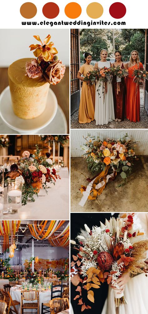 Mustard Yellow And Burgundy Wedding, Fall Wedding Red And Orange, Yellow And Rust Wedding, Red And Yellow Wedding Colors, Marigold And Rust Wedding, Orange Yellow Wedding Decor, Rust And Mustard Wedding, Fall Wedding Colors August, Red Fall Wedding Colors