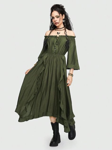 ROMWE Hippie Solid Color Cross Tied Dress With Ruffle Trim And Off Shoulder Design | SHEIN USA Goblincore Dress, Solarpunk Fashion, Medieval Outfit, Curvy Women Dresses, Tied Dress, Military Chic, Off Shoulder Design, Fair Outfits, Witch Dress