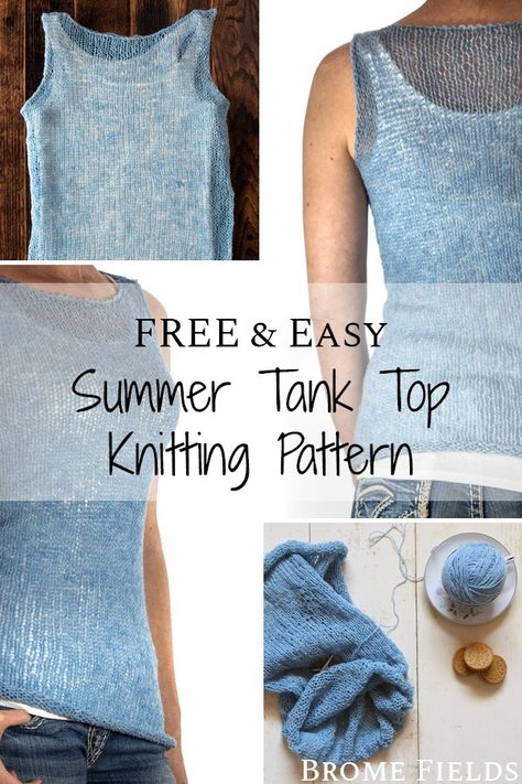 Grab this FREE Tank Top Summer Knitting Pattern, this is a super easy beginner top knitting pattern that's knit loosely in the round and flat with fingering weight yarn. #freeknittingpattern #summerknittingpattern #knittanktop #bromefields Knitted Tank Top Pattern Free, Tank Top Knitting Pattern, Knit Tank Pattern, Knit Tank Top Pattern, Top Knitting Pattern, Free Knitting Patterns For Women, Summer Knitting Patterns, Knit Clothing, Knit Top Patterns