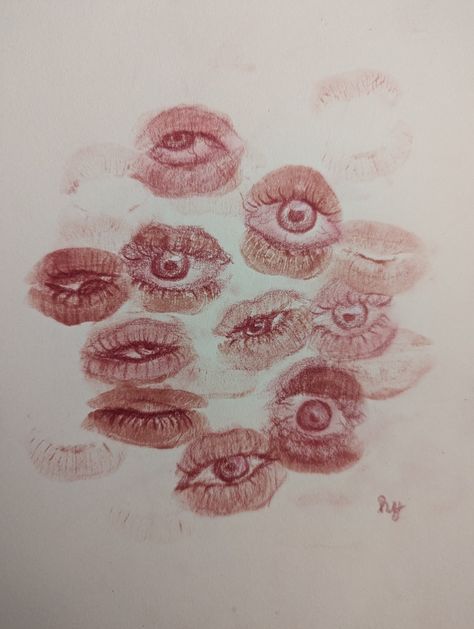 Eye Lips Drawing, Lip Print Drawing, Lip Eye Drawing, Surrealism Eye Drawing, Lips Sewn Shut Drawing, Lipstick Eyes Drawing, Lipstick Stain Drawing, Drawing With Lipstick, Eye Flower Drawing